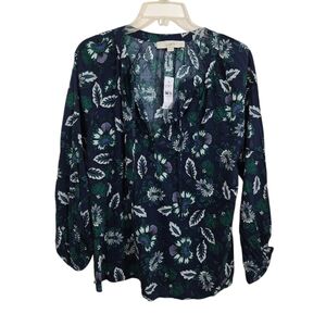 NWT LOFT Split Neck Blouse Blue Green Floral Boho Size Medium